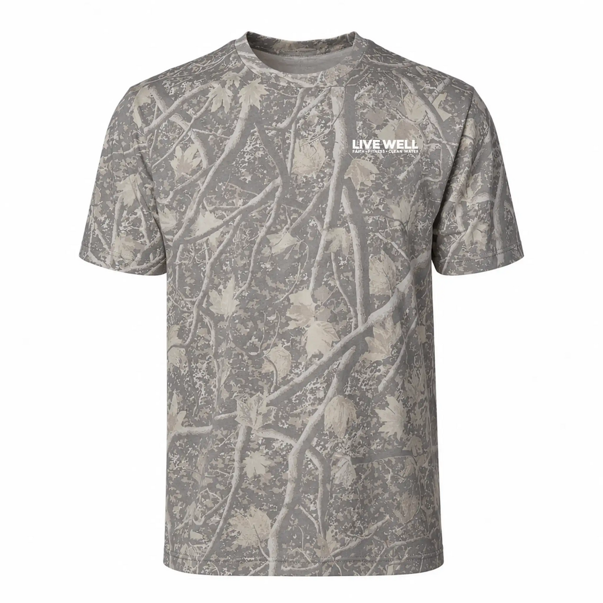 Live Well White Circle Logo Deadwood Tree Camo Premium Tee