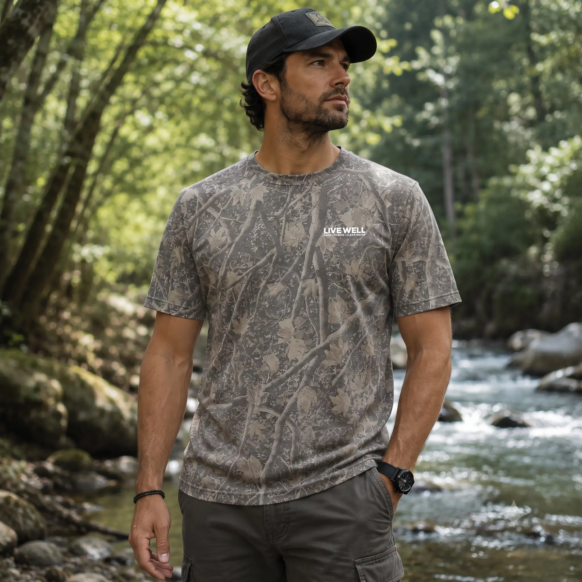 Live Well White Circle Logo Deadwood Tree Camo Premium Tee