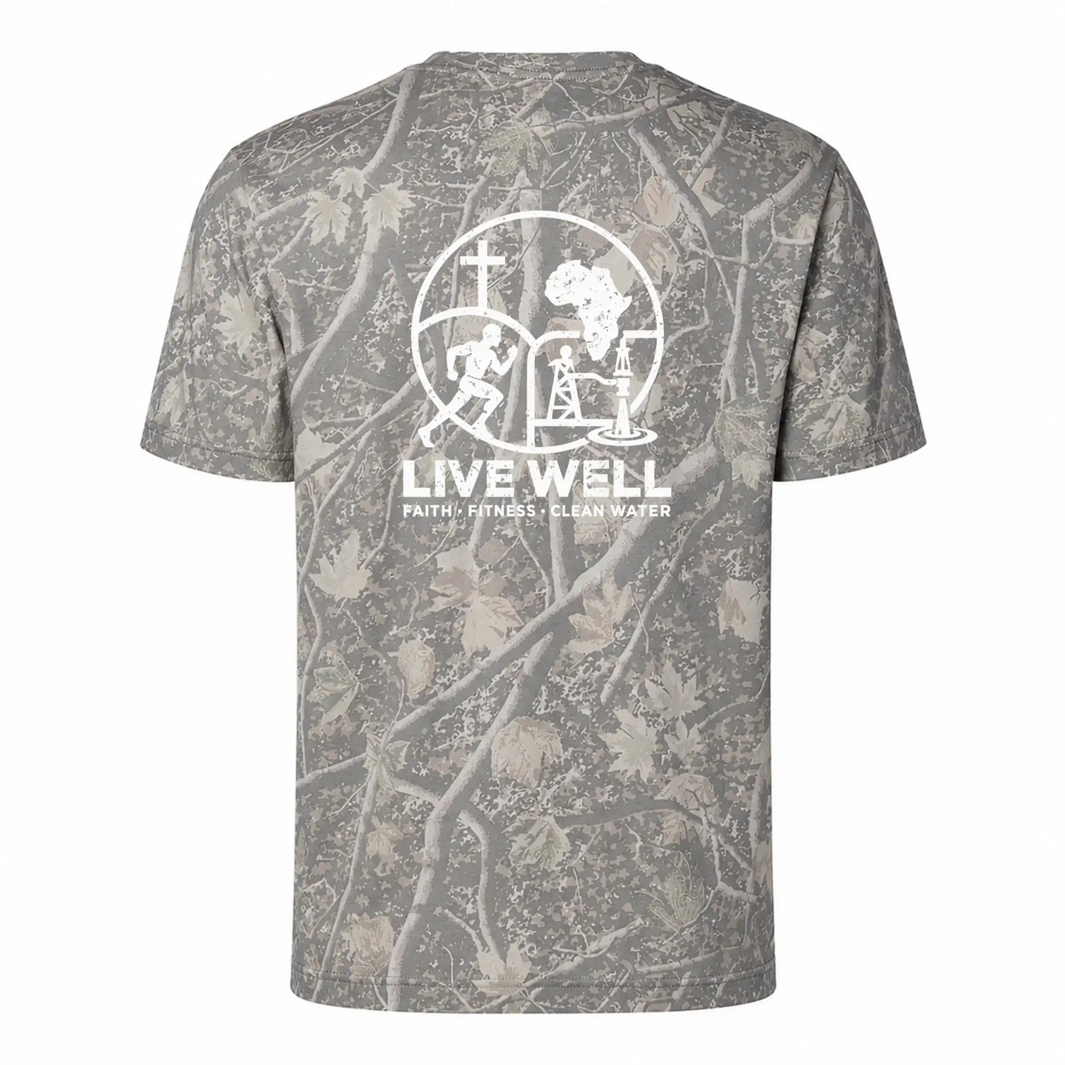 Live Well White Circle Logo Deadwood Tree Camo Premium Tee